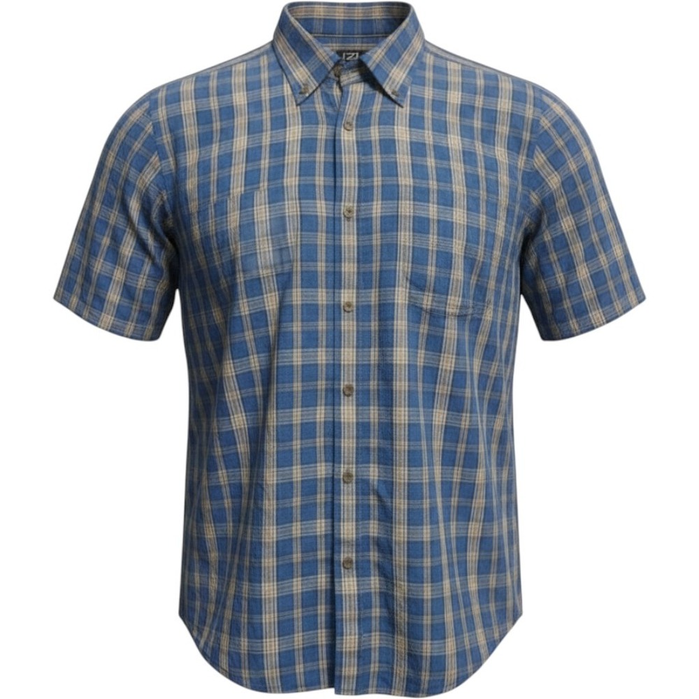 Cutter & Buck Mens Large Blue Cream Plaid Cotton Short Sleeve Button Down Shirt